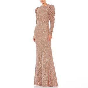 Mac Duggal Sequin High Neck Juliet Puff Long Sleeve
Trumpet Column Gown Copper